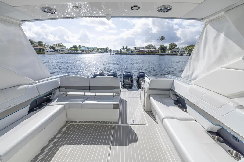 Slide: The Image of Luxurious 2019 Formula 430 Super Sport Crossover boat interior with waterfront view. - 12