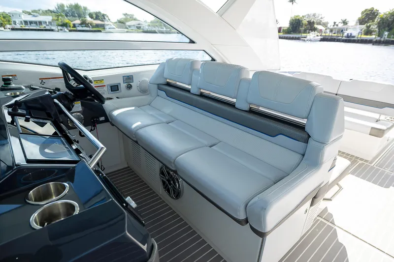 Slide: The Image of 2019 Formula 430 Super Sport Crossover interior with luxurious seating and modern dashboard. - 28