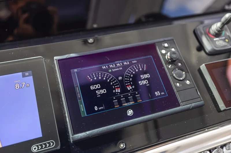 Slide: The Image of Dashboard of 2019 Formula 430 Super Sport Crossover with digital gauges and controls. - 35