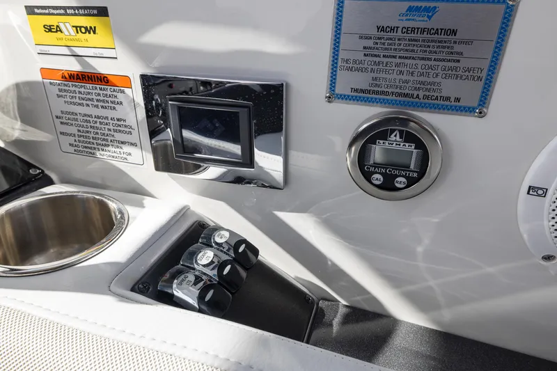 Slide: The Image of Control panel of 2019 Formula 430 Super Sport Crossover yacht with warning labels. - 41