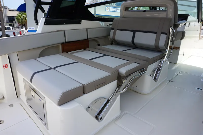Slide: The Image of 2025 Boston Whaler 330 Vantage boat interior with adjustable seating and sleek design. - 41