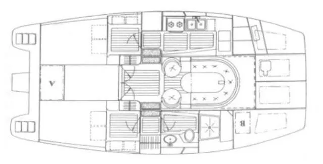 Slide: The Image of Floor plan of 1992 Endeavour Catamaran Endeavourcat 30, featuring cabins and living areas. - 38