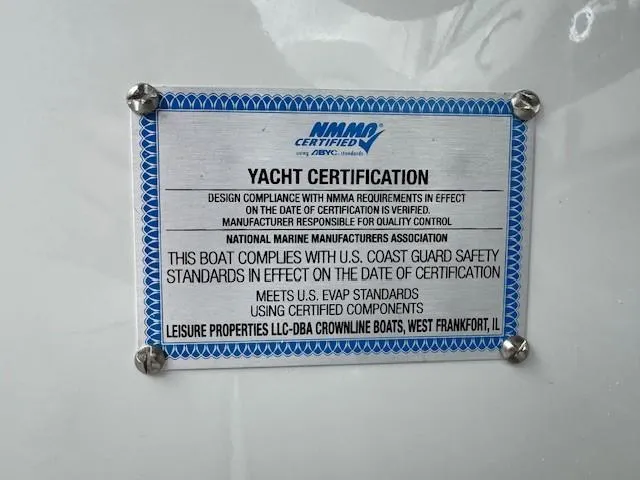 Slide: The Image of Yacht certification plaque for 2025 Crownline 280 SS, NMMA certified, Coast Guard compliant. - 19