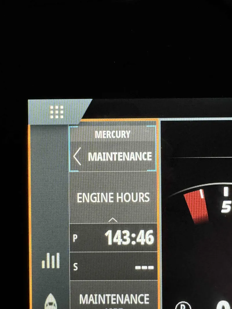 Slide: The Image of Sea Ray 310SLX 2020 dashboard showing 143 engine hours and maintenance menu. - 14