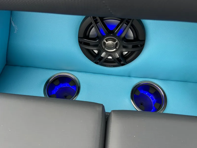Slide: The Image of 2025 Godfrey Sweetwater 2286 sFLC TRI PWR STR boat interior with speaker and cup holders. - 12