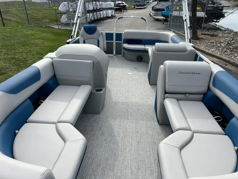 Slide: The Image of 2025 South Bay 222 CR2 LE pontoon boat with spacious seating and modern design. - 8