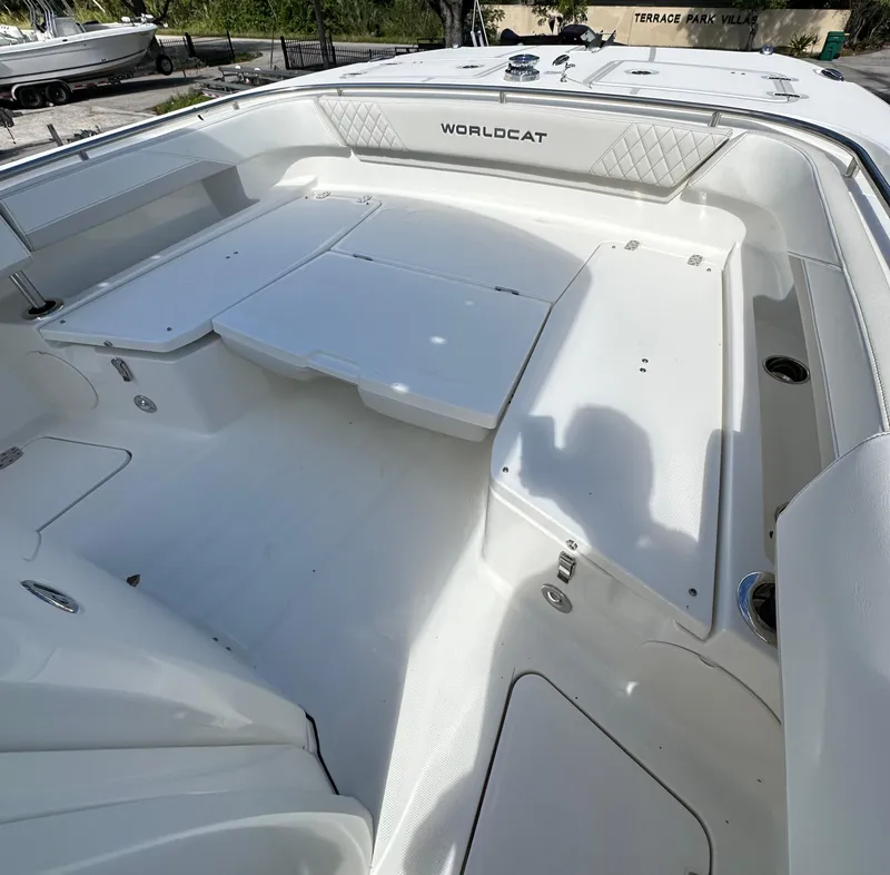 Slide: The Image of 2025 World Cat 260 CC-X boat interior with spacious seating and sleek design. - 7