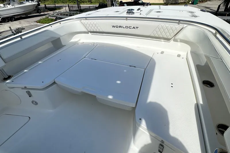 Slide: The Image of 2025 World Cat 260 CC-X boat interior with spacious seating and sleek design. - 8