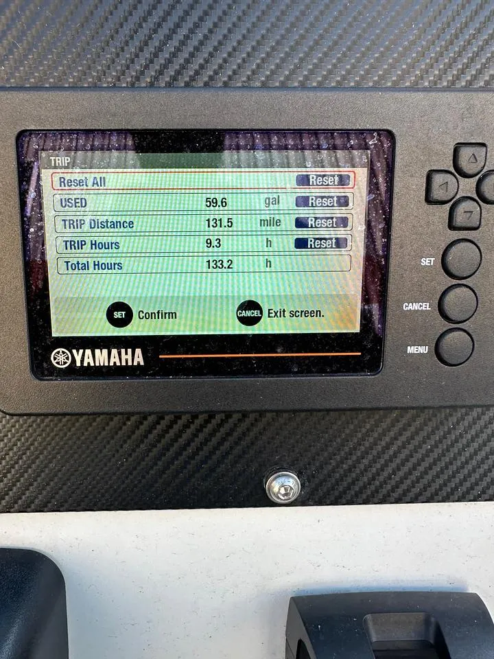 Slide: The Image of Yamaha display showing trip data on a 2020 Sealegs 7.5 Semi Cabin boat. - 11