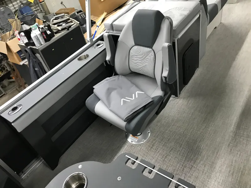 Slide: The Image of 2025 Avalon GEOfish REAR FISH boat seat, modern design, gray upholstery, cup holder. - 24