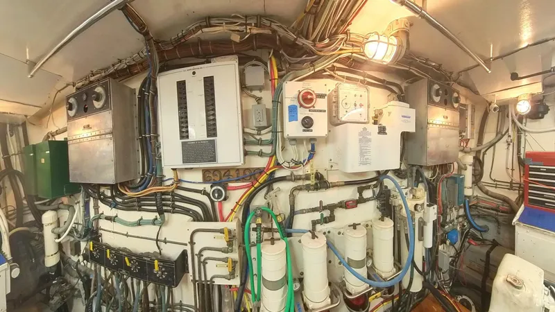 Slide: The Image of Engine room of 1982 Hatteras 65 LRC yacht with complex wiring and control panels. - 37