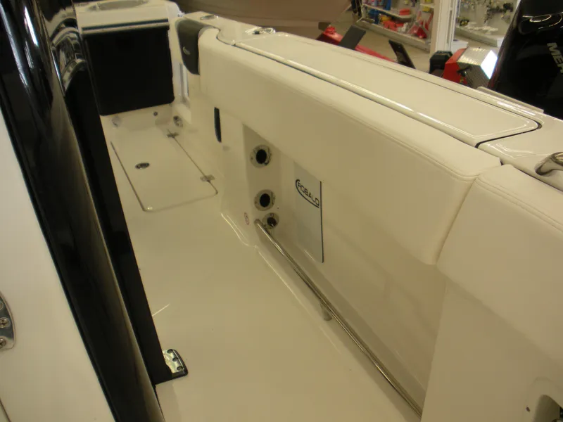 Slide: The Image of 2025 Robalo R250 Center Console boat interior, featuring sleek white design and modern fittings. - 13