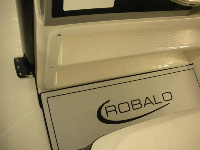 Slide: The Image of 2025 Robalo R250 Center Console boat interior with branded flooring. - 16