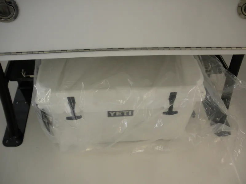 Slide: The Image of YETI cooler stored on 2025 Robalo R250 Center Console boat. - 17