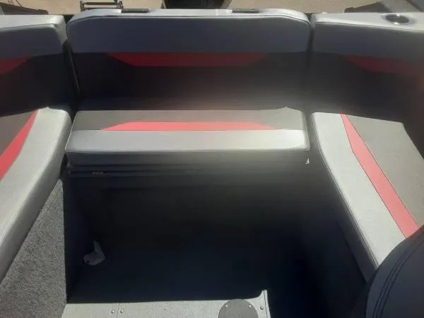 Slide: The Image of 2024 Princecraft Sport 175 MAX boat interior with gray and red seating. - 14