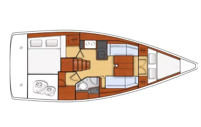 Slide: The Image of Floor plan of 2019 Beneteau Oceanis 35.1 sailboat, featuring cabins, kitchen, and bathroom layout. - 23