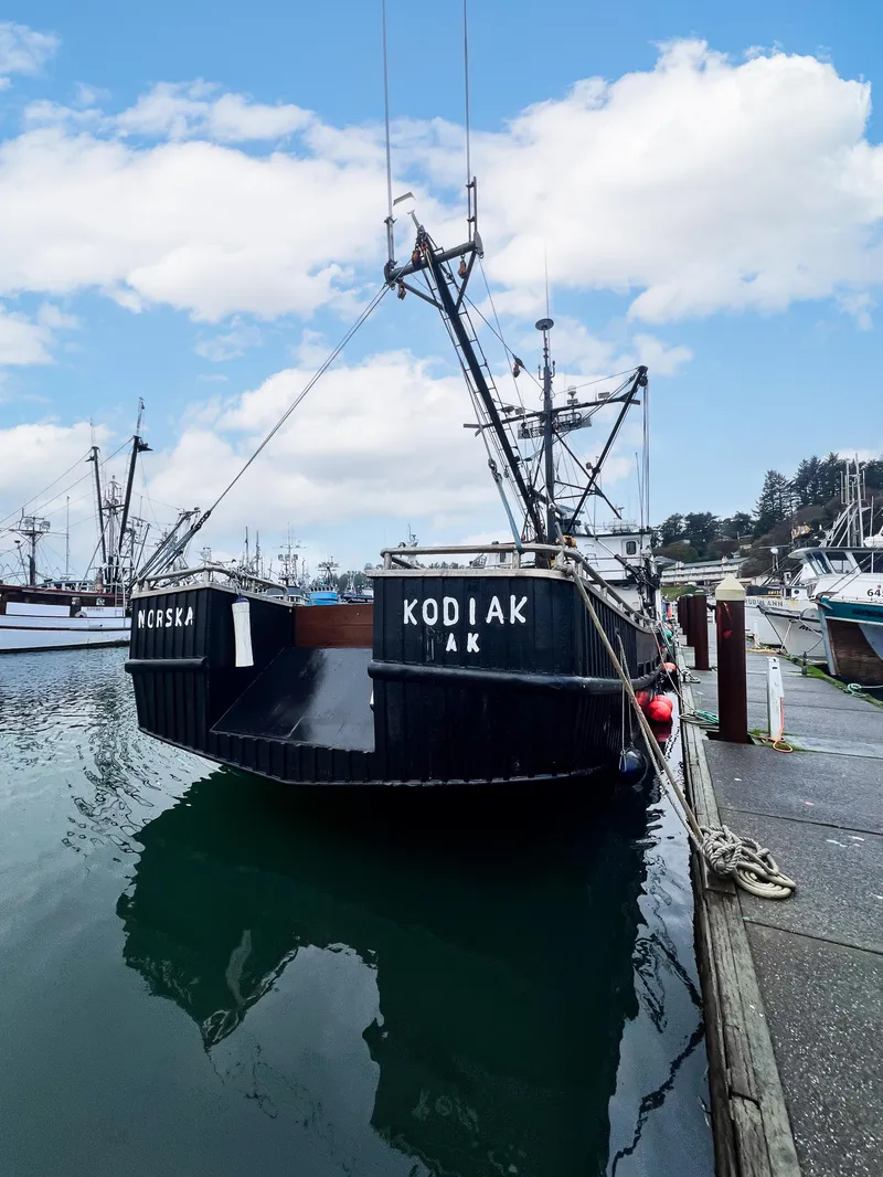 Slide: The Image of Custom 1980 fishing vessel docked at a marina under a partly cloudy sky. - 21