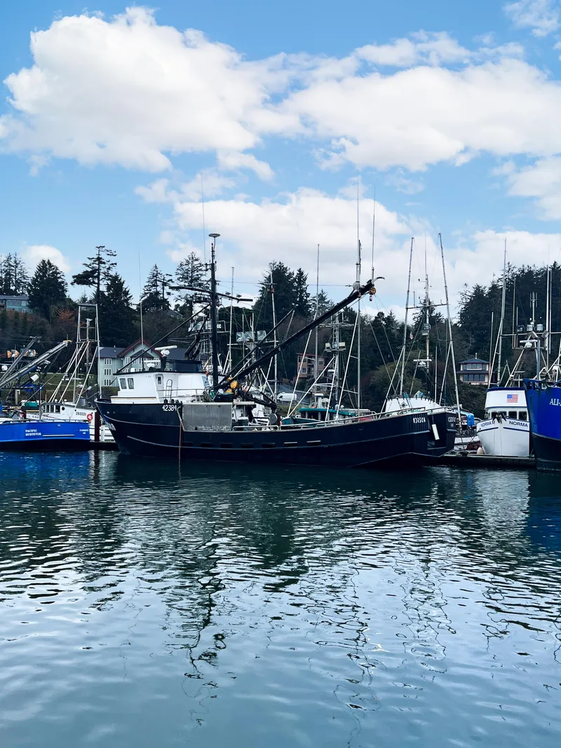 Slide: The Image of Custom 1980 fishing vessel docked in a scenic marina under a partly cloudy sky. - 25