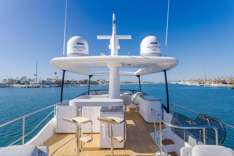 Slide: The Image of 2023 Azimut Magellano 66 yacht deck with seating, ocean view, and clear blue sky. - 47