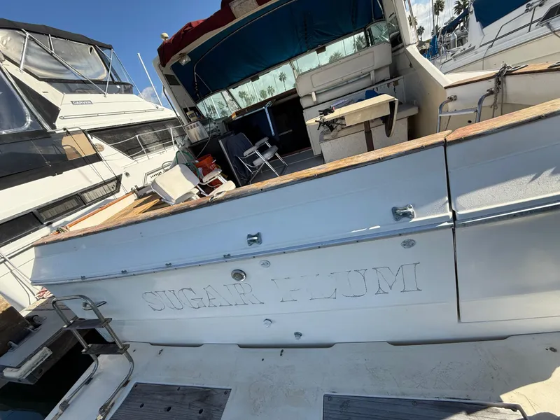 Slide: The Image of 1984 Sea Ray 390 Express Cruiser docked, featuring spacious deck and seating area. - 4