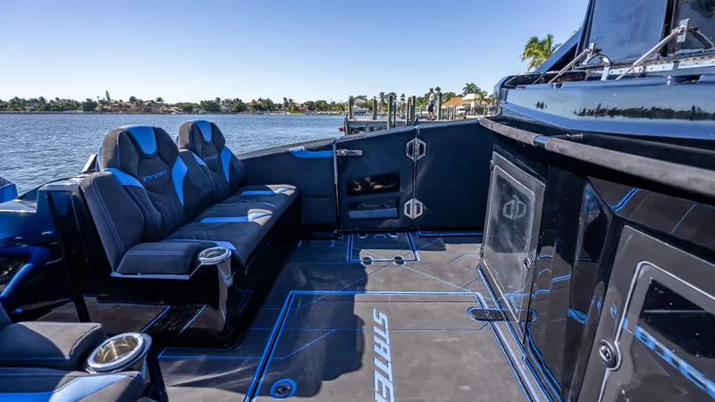 Slide: The Image of Luxurious 2025 Statement 44 GTrs boat interior with sleek seating and modern design. - 40