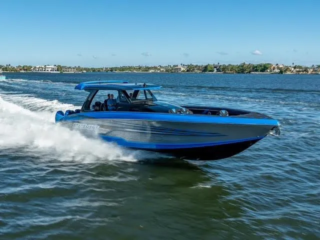 Slide: The Image of 2025 Statement 44 GTrs speedboat cruising on open water, blue and black design. - 42