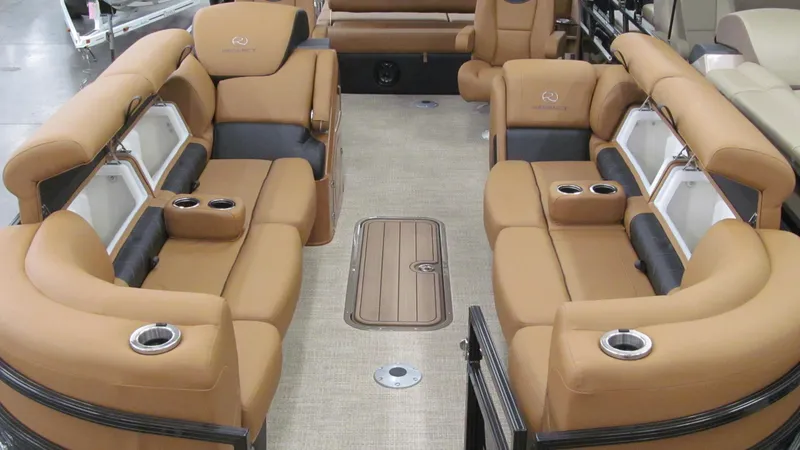 Slide: The Image of Luxurious interior of 2025 Regency 250 LE3 Sport pontoon boat with plush seating. - 6