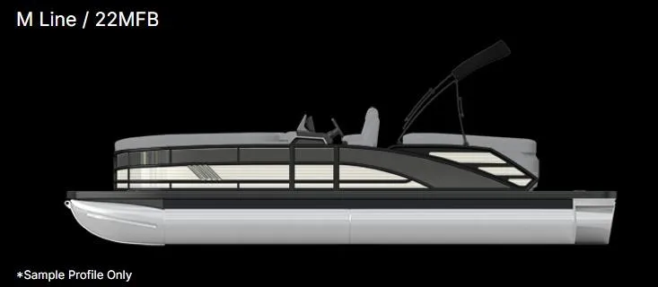 Slide: The Image of 2025 Bennington 22 MFB pontoon boat, side profile, sleek design, black and gray color scheme. - 12