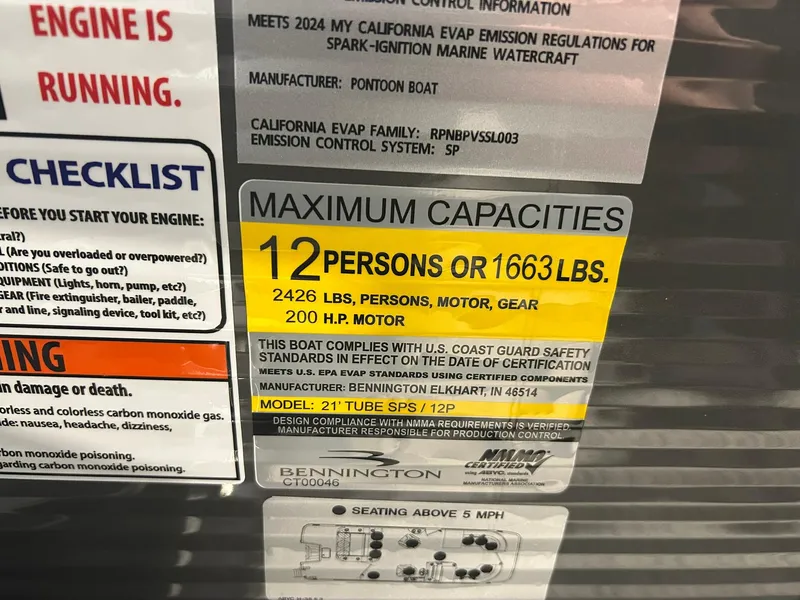 Slide: The Image of Bennington 22 MSB 2025 capacity label: 12 persons or 1663 lbs, 200 HP motor. - 19