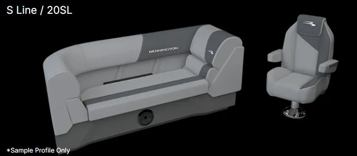 Slide: The Image of 2025 Bennington 20 SL boat seating, featuring gray upholstery and modern design. - 11