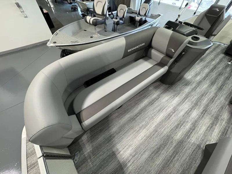 Slide: The Image of 2025 Bennington 20 SL pontoon boat interior with sleek gray seating. - 3