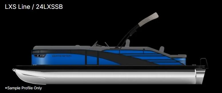 Slide: The Image of 2025 Bennington 24 LXSSB pontoon boat, sleek design, blue and black color scheme. - 14