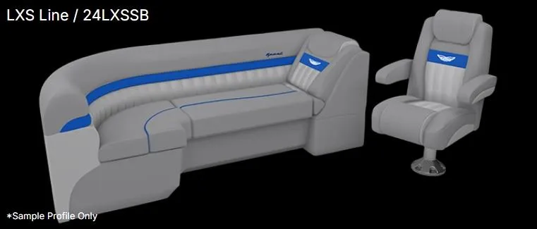 Slide: The Image of 2025 Bennington 24 LXSSB boat seating, featuring gray and blue upholstery with ergonomic design. - 15