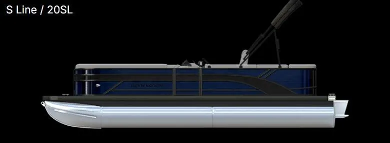 Slide: The Image of 2025 Bennington 20 SL pontoon boat, side view, sleek design, black background. - 6