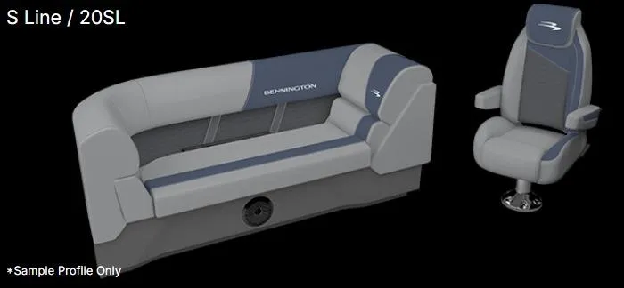 Slide: The Image of 2025 Bennington 20 SL boat seating, featuring gray and blue upholstery with ergonomic design. - 7