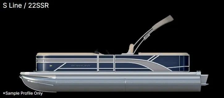Slide: The Image of 2025 Bennington 22 SSR pontoon boat, side profile, sleek design, black background. - 19