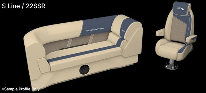 Slide: The Image of 2025 Bennington 22 SSR boat seating, featuring beige and blue upholstery design. - 20