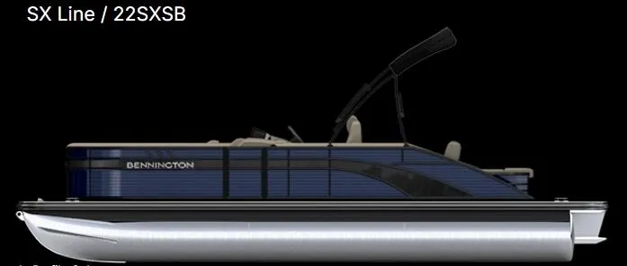 Slide: The Image of 2025 Bennington 22 SXSB pontoon boat, side view, sleek design, black background. - 17