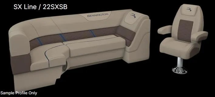 Slide: The Image of 2025 Bennington 22 SXSB boat seating, featuring beige and brown upholstery, SX Line design. - 18