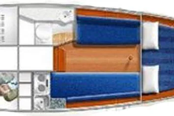 Slide: The Image of 2017 Rustler 33 yacht interior layout with blue seating and wooden table. - 11