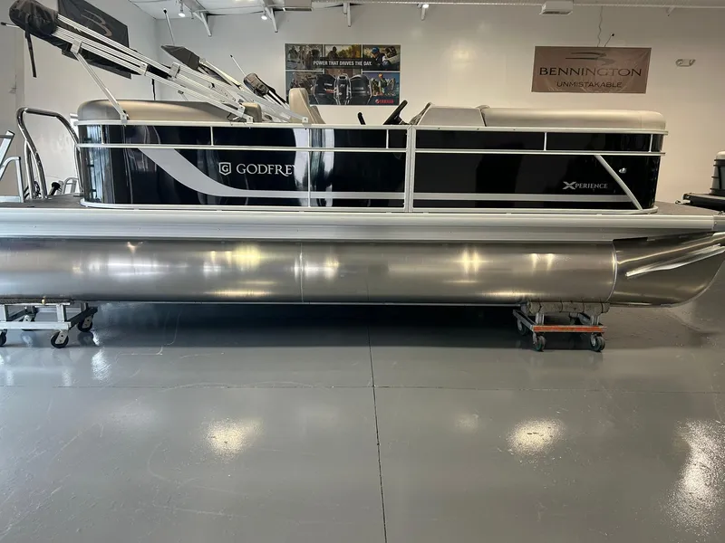 Slide: The Image of 2025 Godfrey Xperience 2086 SBX pontoon boat in showroom, side view. - 15