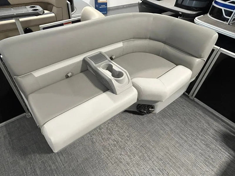 Slide: The Image of 2025 Godfrey Xperience 2086 SBX boat seating with cup holders, gray upholstery. - 2