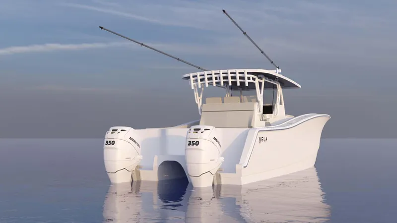 Slide: The Image of 2024 Vela 32TE boat with twin 350 engines on calm water. - 10