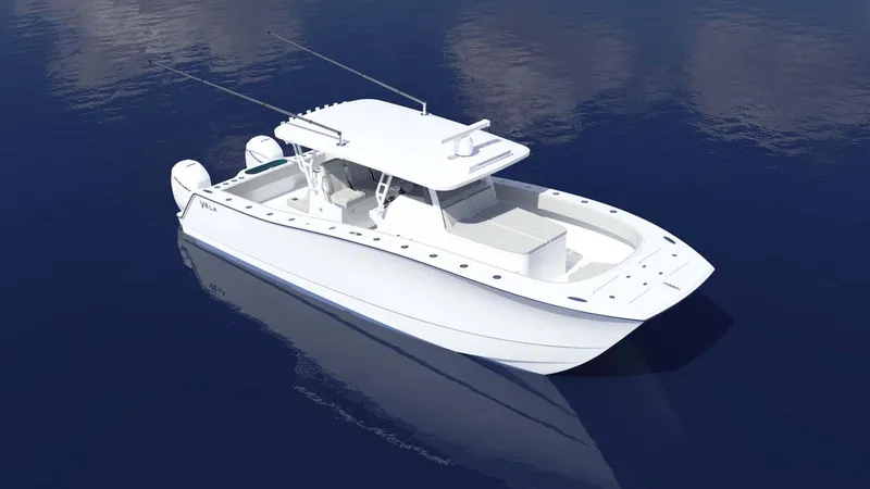 Slide: The Image of 2024 Vela 32TE boat on calm blue water, featuring sleek design and twin engines. - 3