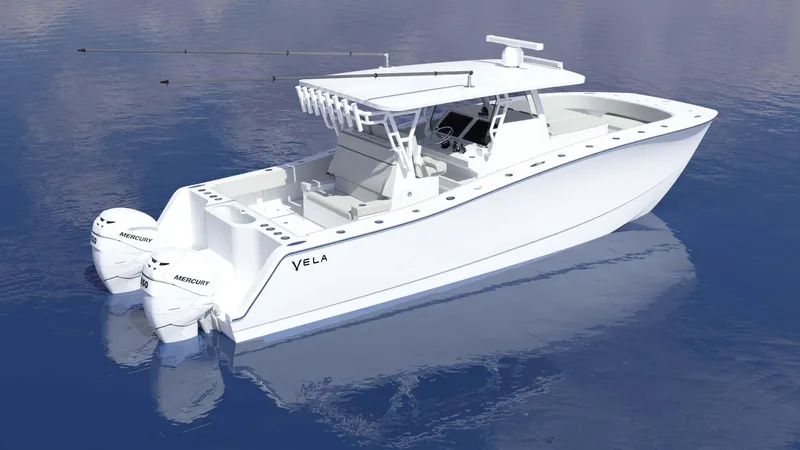 Slide: The Image of 2024 Vela 32TE boat with twin Mercury engines on calm water. - 4