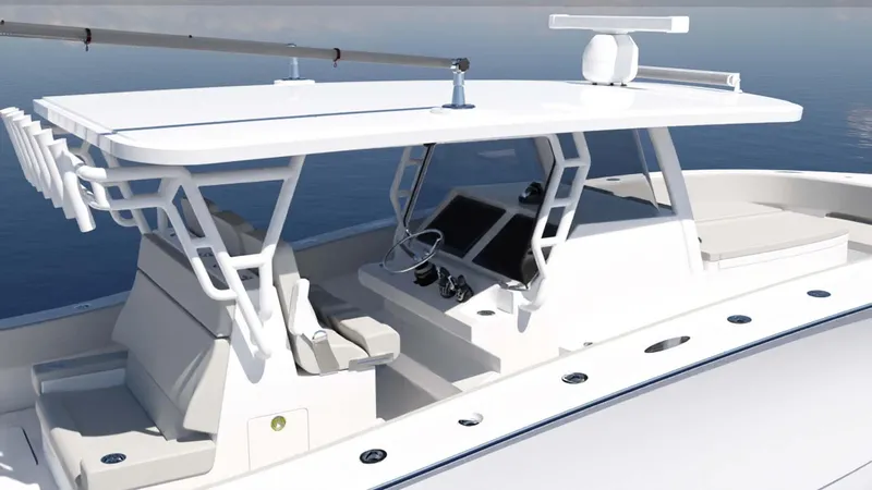 Slide: The Image of 2024 Vela 32TE boat with sleek design and modern cockpit features. - 5