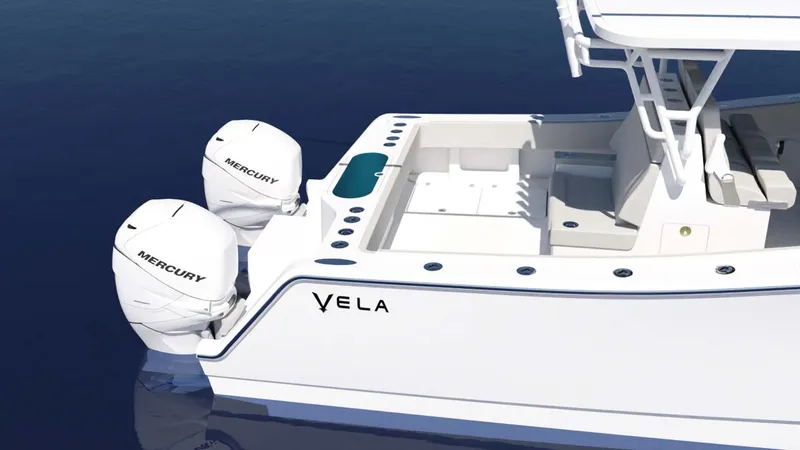Slide: The Image of 2024 Vela 32TE boat with twin Mercury outboard engines on calm water. - 6