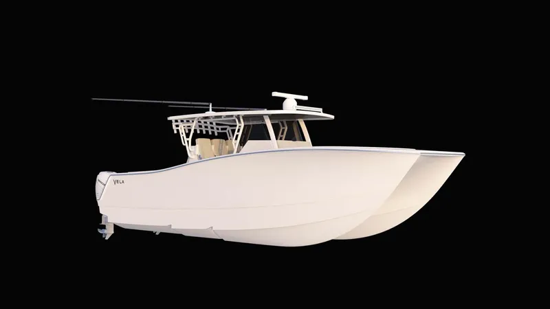 Slide: The Image of 2024 Vela 32TE boat, sleek white design, side view on black background. - 7