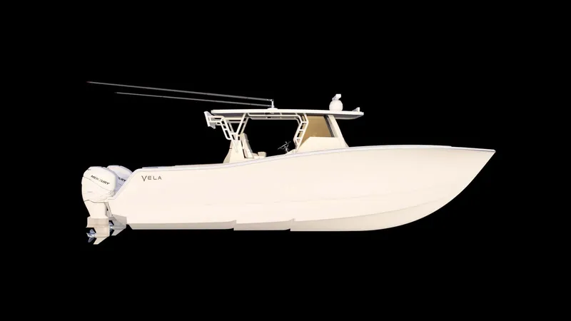 Slide: The Image of 2024 Vela 32TE boat side view on black background. - 8