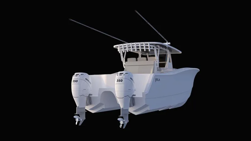 Slide: The Image of 2024 Vela 32TE boat with dual 350 engines, sleek design, black background. - 9